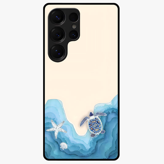 Ocean Drift Turtle Glass Case showing flat back view with sea turtle artwork and glossy glass finish.