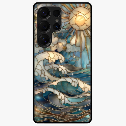 Oceanic Stained Printed Glass Case showing flat back view with ocean inspired stained pattern artwork and glossy glass finish.
