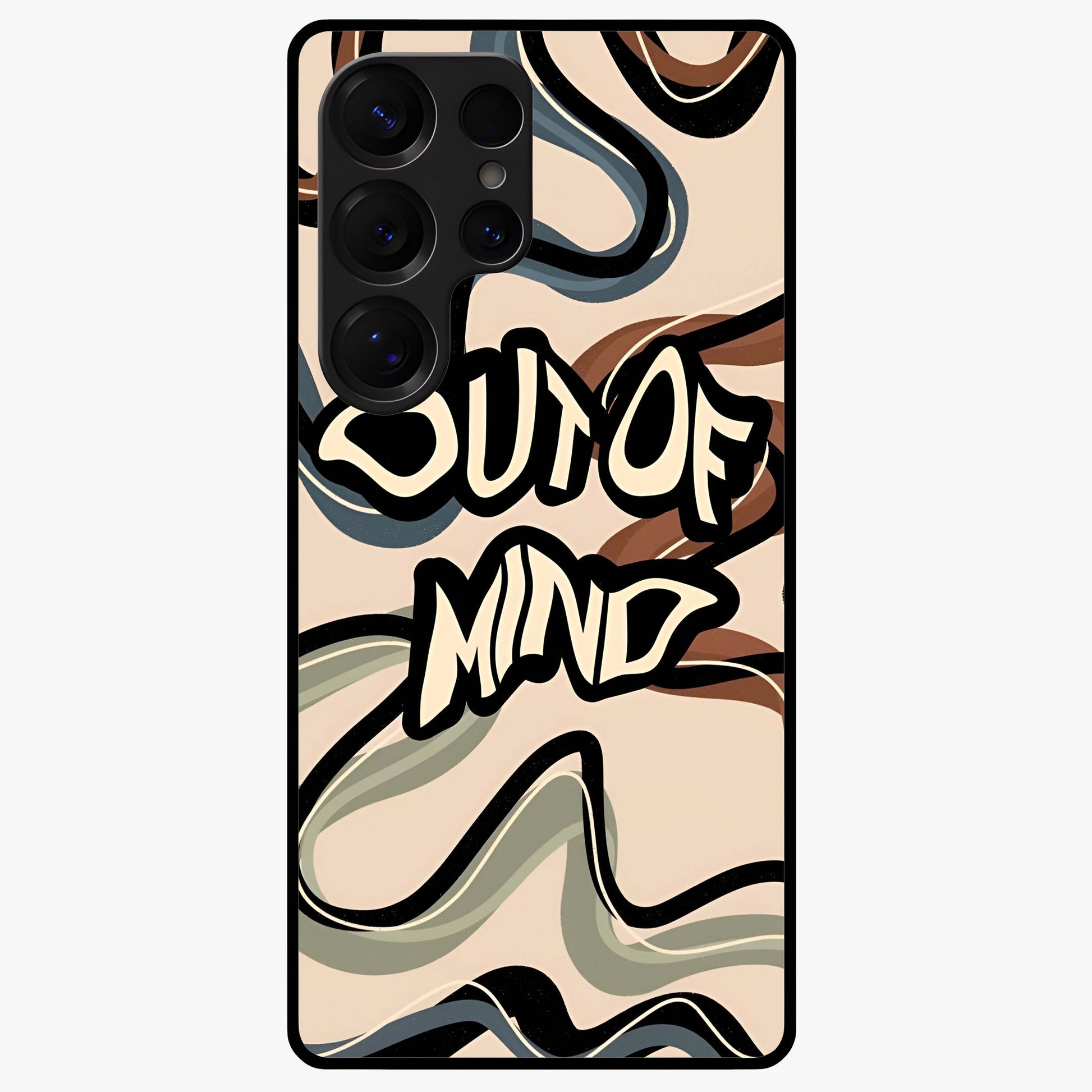 Out Of Mind Glass Case showing flat back view with expressive typography artwork and glossy glass finish.