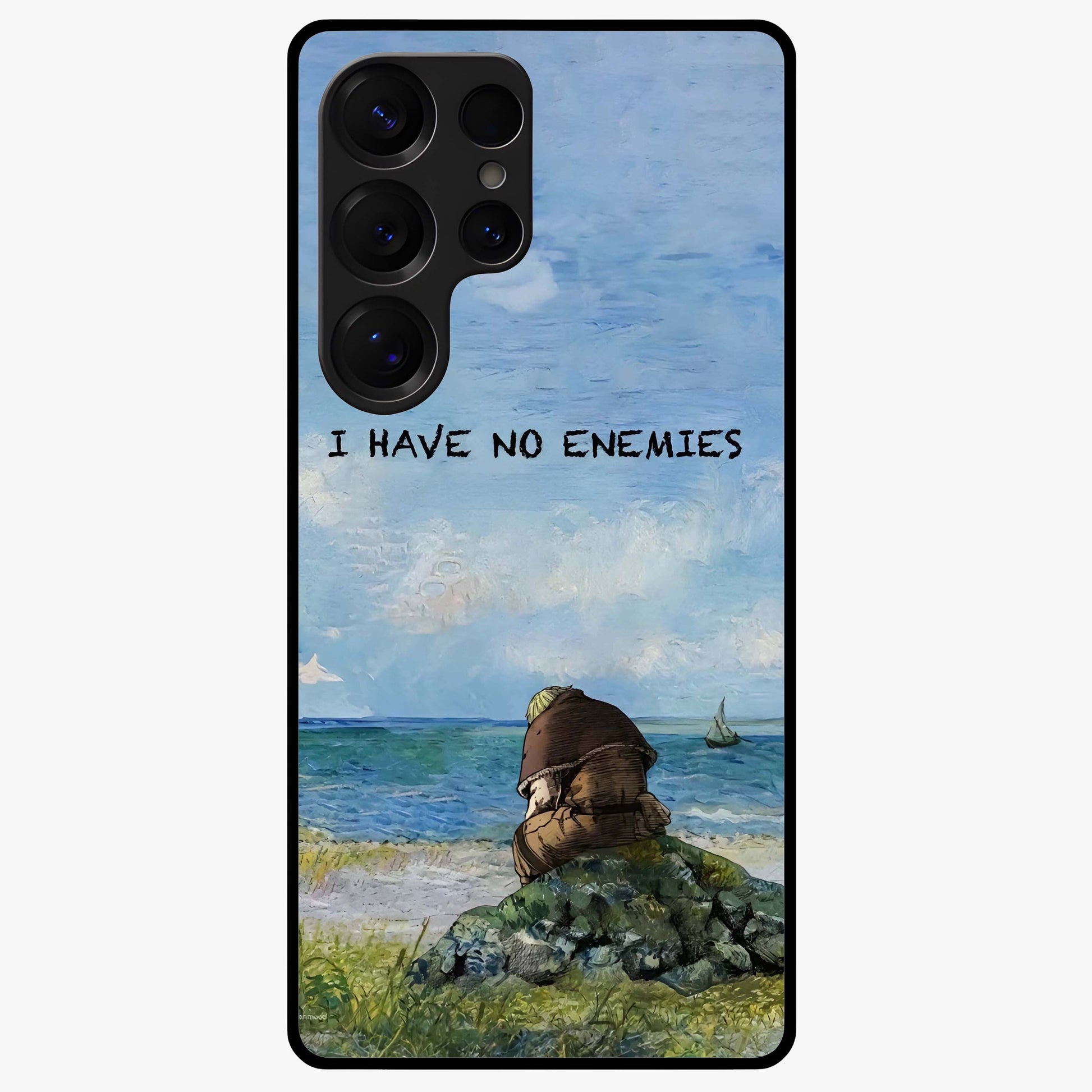 Peace Beyond War Glass Case showing flat back view with symbolic peace themed artwork and glossy glass finish.
