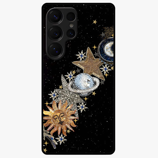 Pearls Universe Object Glass Case showing flat back view with pearl inspired cosmic artwork and glossy glass finish.