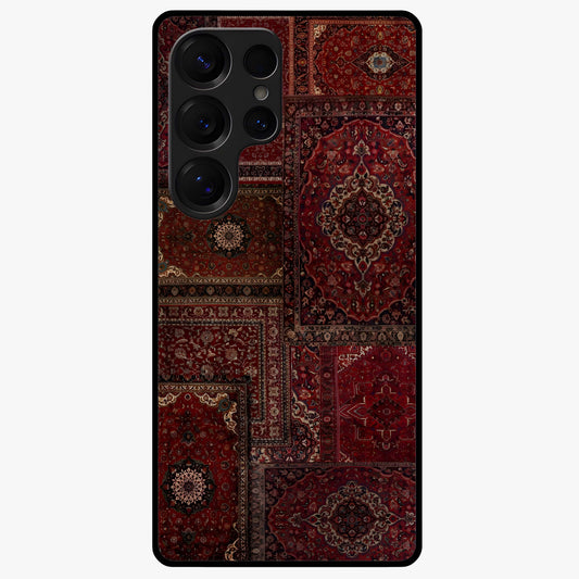 Persian Velvet Tale Glass Case showing flat back view with luxurious Persian velvet pattern artwork and glossy glass finish.