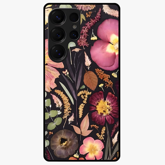 Petal Dream Tapestry Glass Case showing flat back view with intricate floral tapestry artwork and glossy glass finish.