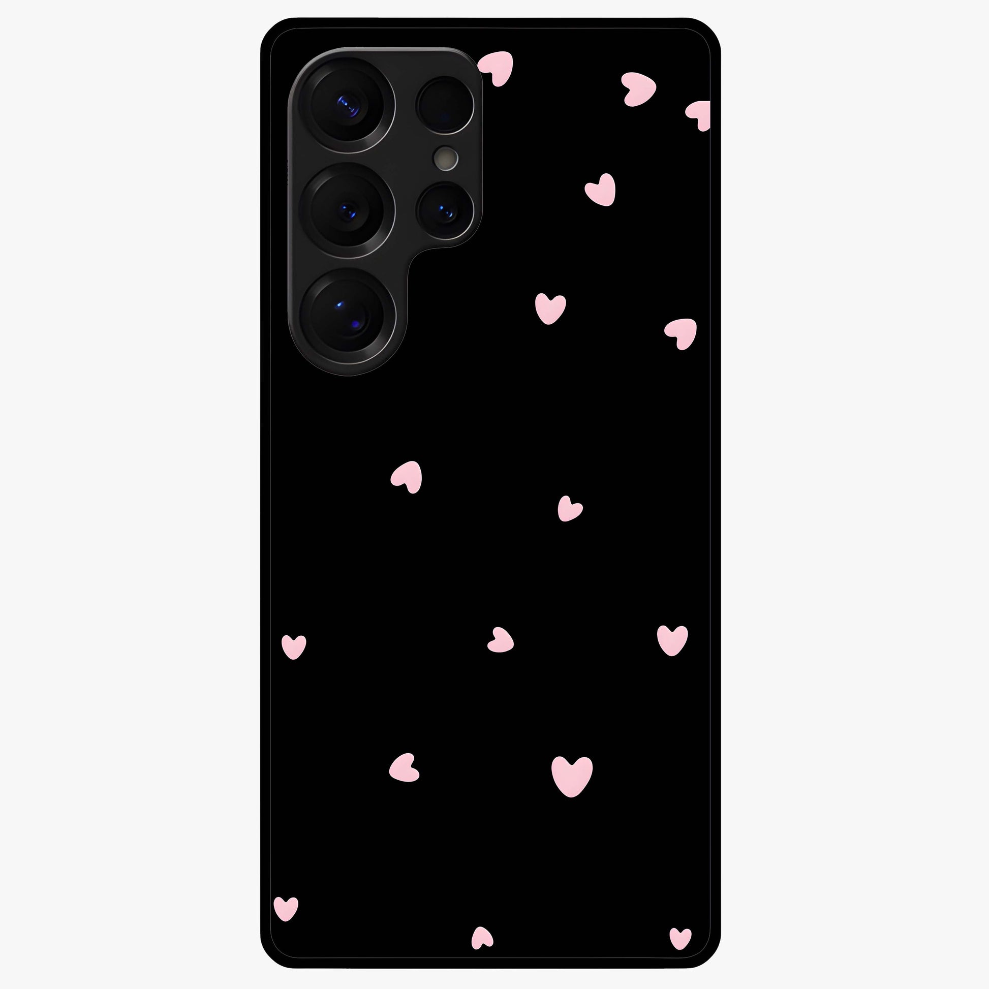 Pink Love Drops Glass Case showing flat back view with playful pink heart drops artwork and glossy glass finish.