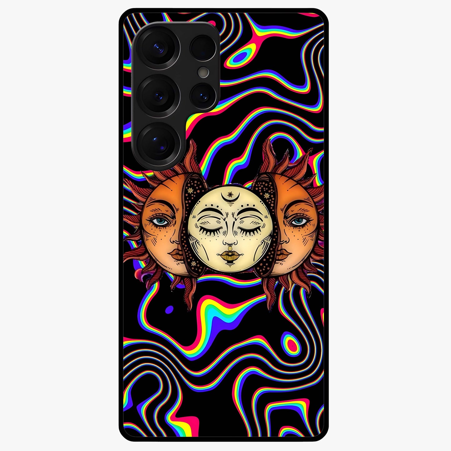 Psychedelic Sun Glass Case showing flat back view with colorful psychedelic sun artwork and glossy glass finish.