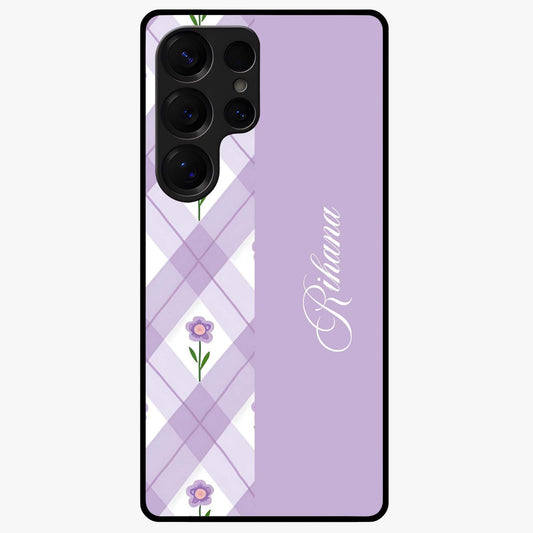 Purple Diamond Floral Glass Case showing flat back view with diamond shaped floral artwork and glossy glass finish.