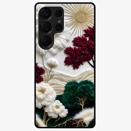Radiant Bloom Elegance Glass Case showing flat back view with elegant blooming flower artwork and glossy glass finish.