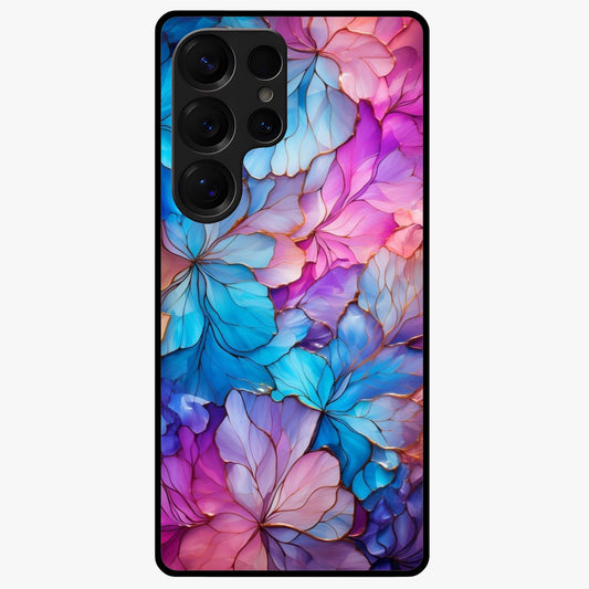 Radiant Floral Whirl Glass Case showing flat back view with swirling floral artwork and glossy glass finish.