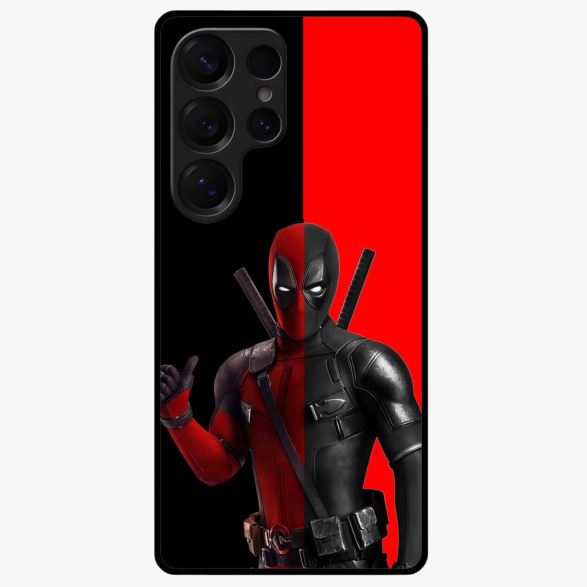 Red & Black Deadpool Theme Glass Case showing flat back view with bold comic inspired artwork and glossy glass finish.