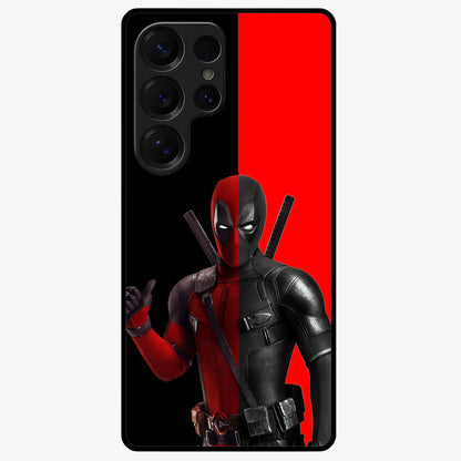 Red & Black Deadpool Theme Glass Case showing flat back view with bold comic inspired artwork and glossy glass finish.