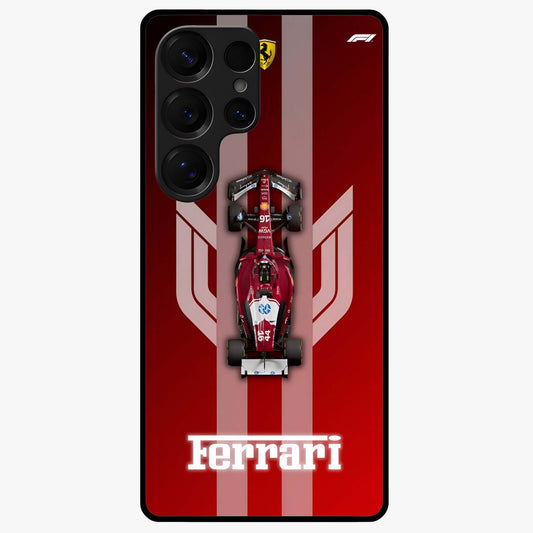 Red Ferrari F1 Vertical Glass Case showing flat back view with sleek Formula racing car artwork and glossy glass finish.