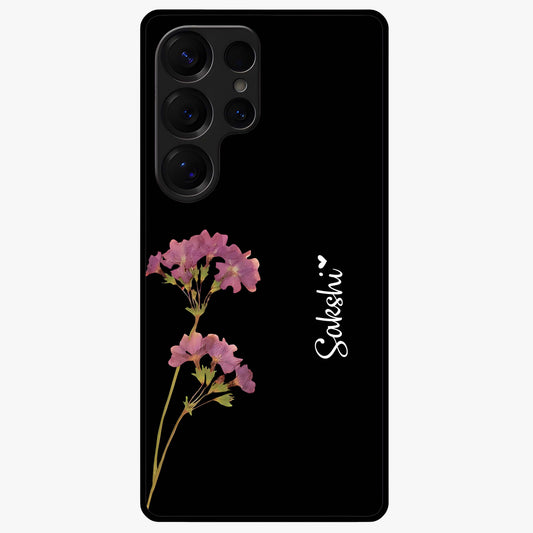 Riching Lavender Flower Custom Name Glass Case showing flat back view with lavender floral artwork and personalized name design.
