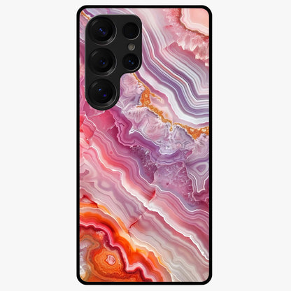 Rose Quartz Marble Glass Case showing flat back view with pink marble quartz texture artwork and glossy glass finish.
