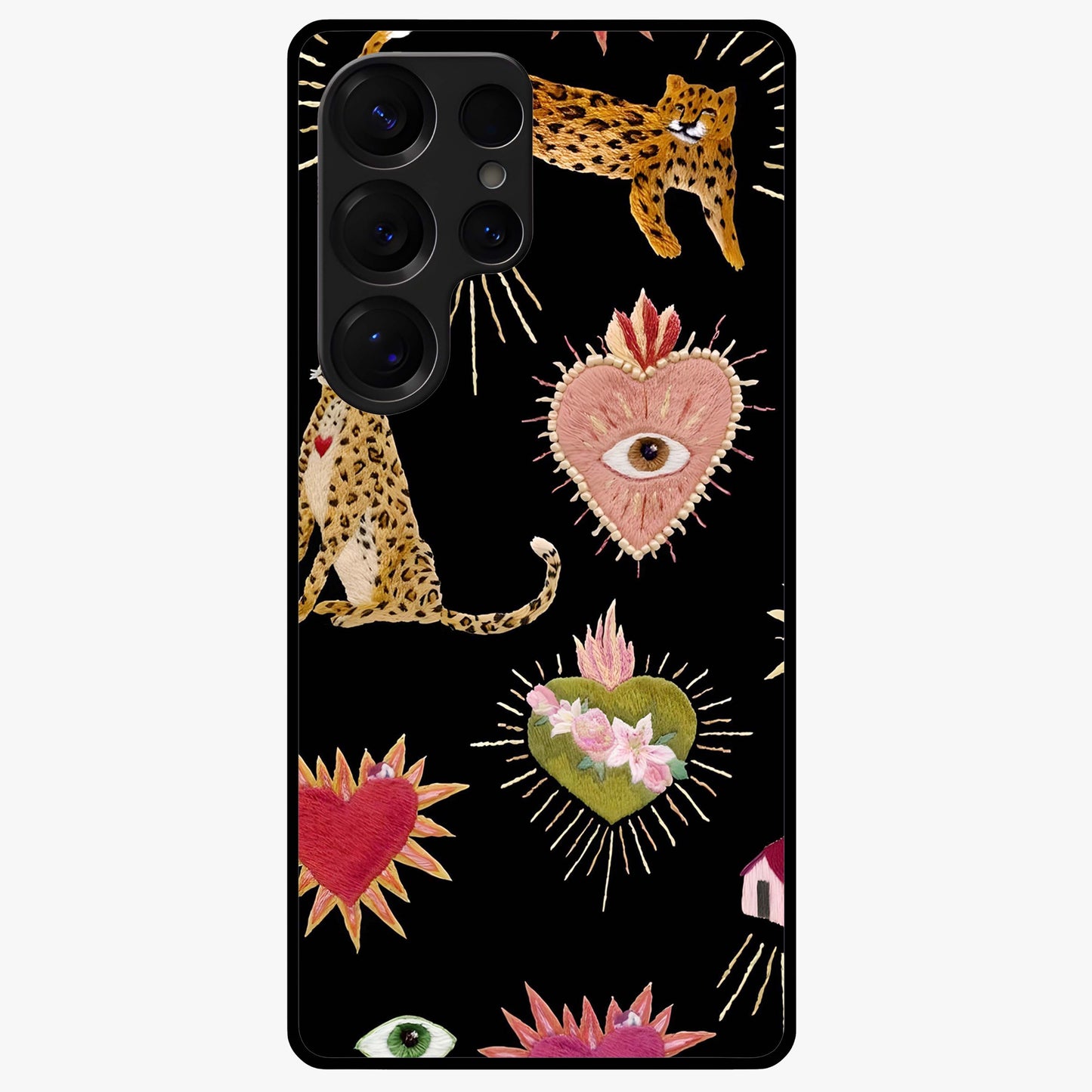 Sacred Jungle Heart Glass Case showing flat back view with jungle inspired heart artwork and glossy glass finish.