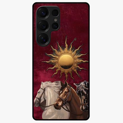 Solar Riders Glass Case showing flat back view with dynamic rider themed artwork and glossy glass finish.