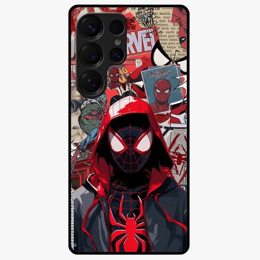 Spider Collage Street Glass Case showing flat back view with vibrant superhero collage artwork and glossy glass finish.
