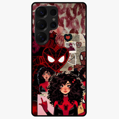 Spider Love Story Glass Case showing flat back view with romantic superhero themed artwork and glossy glass finish.
