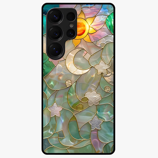 Stained Sunrise Glow Glass Case showing flat back view with glowing sunrise stained pattern artwork and glossy glass finish.