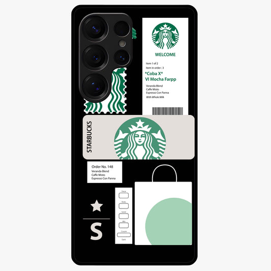 Starbucks Mocha Glass Case showing flat back view with coffee inspired artwork and glossy glass finish.