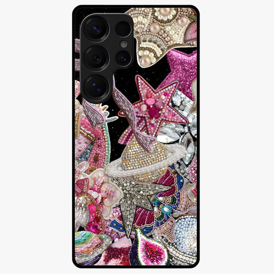 Starlit Jewel Dream Glass Case showing flat back view with sparkling jewel and star themed artwork and glossy glass finish.