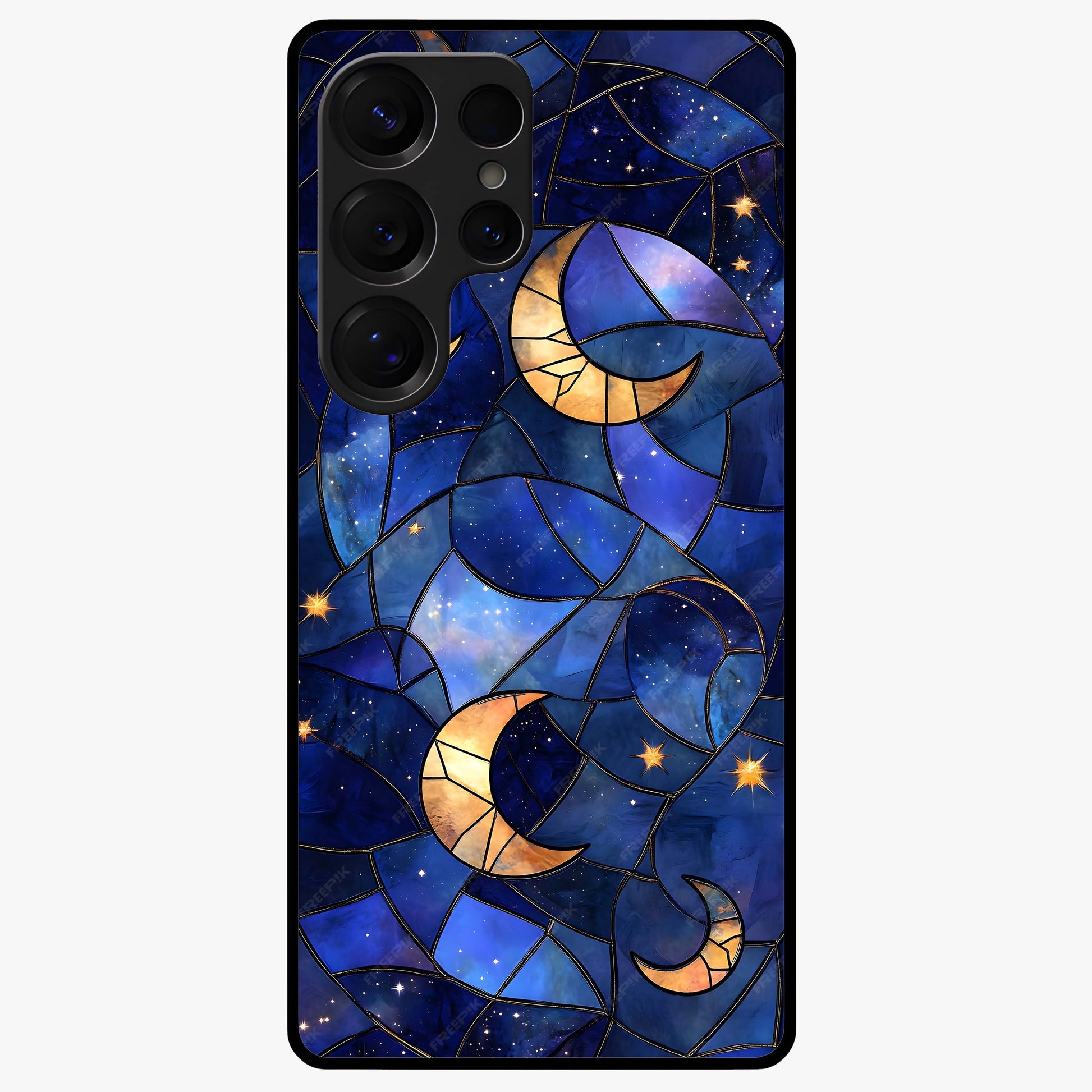 Starlit Sky Tapestry Glass Case showing flat back view with decorative starry sky tapestry artwork and glossy glass finish.