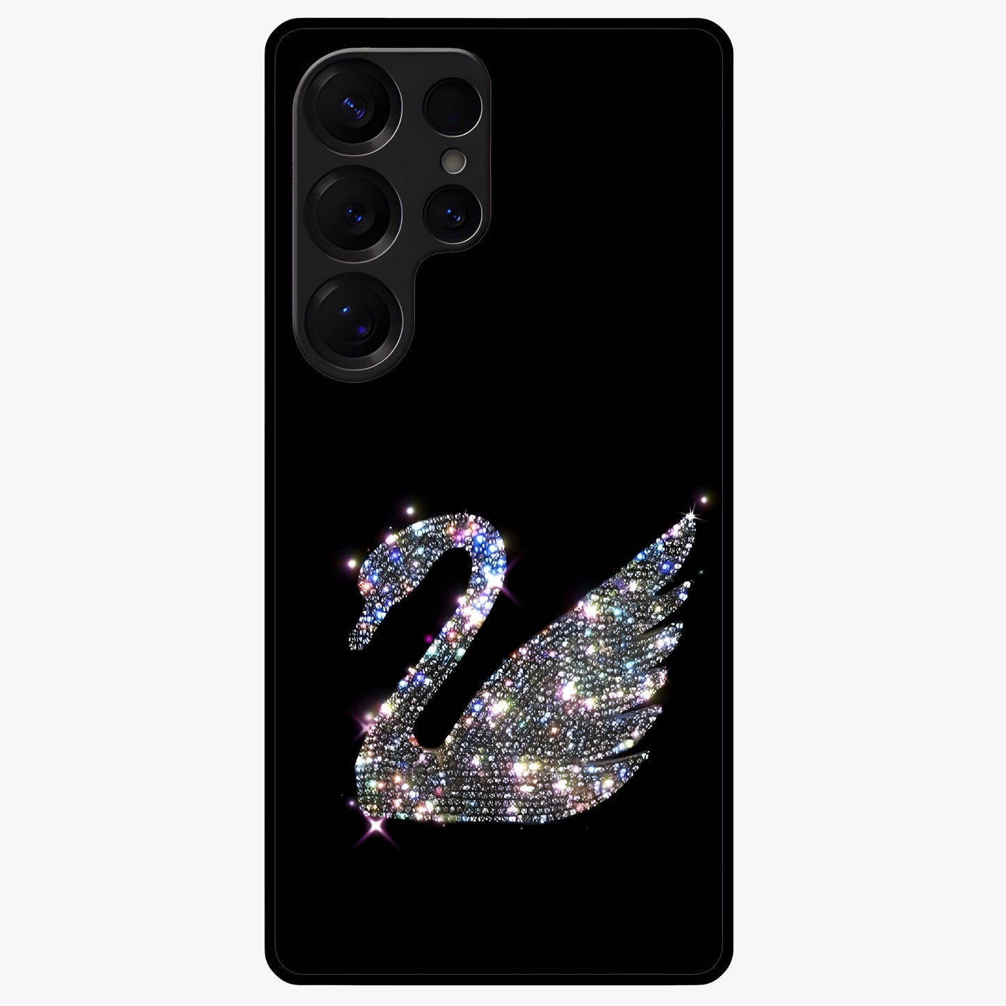 Starlit Swan Grace Glass Case showing flat back view with graceful swan artwork under starry sky and glossy glass finish.