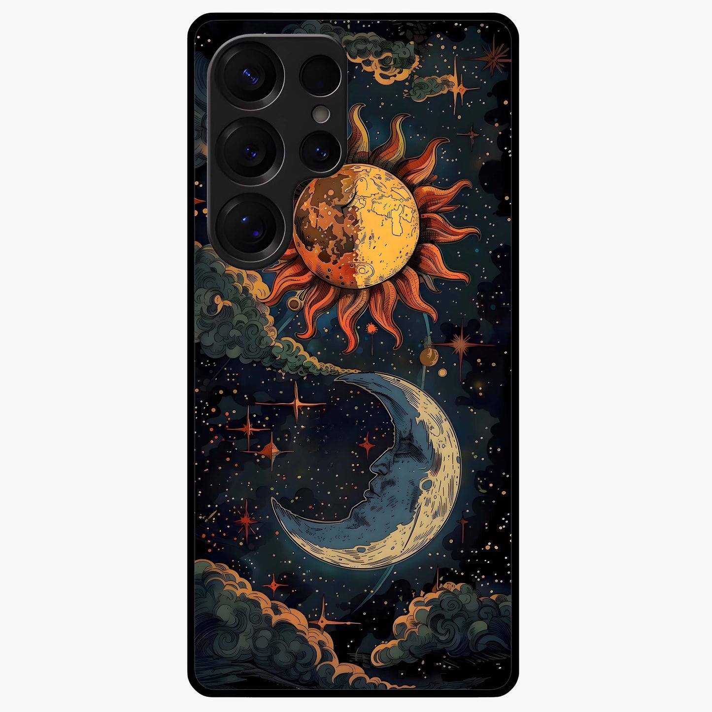 Sun And Moon Magic Design Glass Case showing flat back view with mystical sun and moon artwork and glossy glass finish.