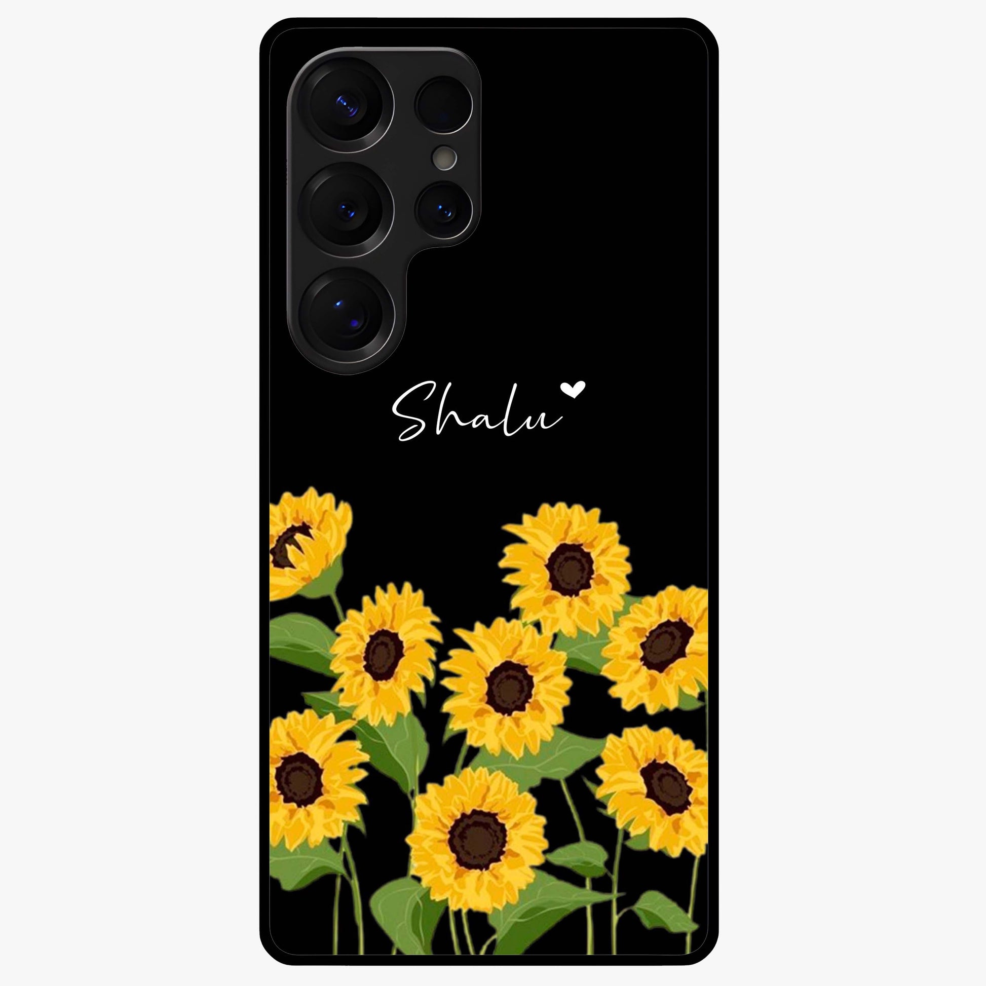 Sunflower Chic Mood Custom Name Glass Case showing flat back view with stylish sunflower artwork and personalized name design.