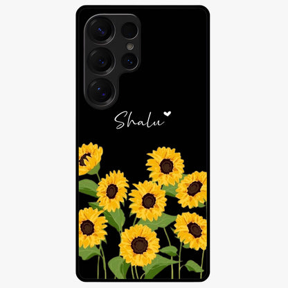 Sunflower Chic Mood Custom Name Glass Case showing flat back view with stylish sunflower artwork and personalized name design.