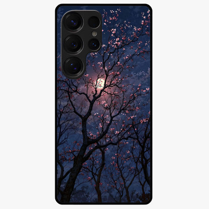 Twilight Sakura Serenade Glass Case showing flat back view with cherry blossom artwork at twilight and glossy glass finish.