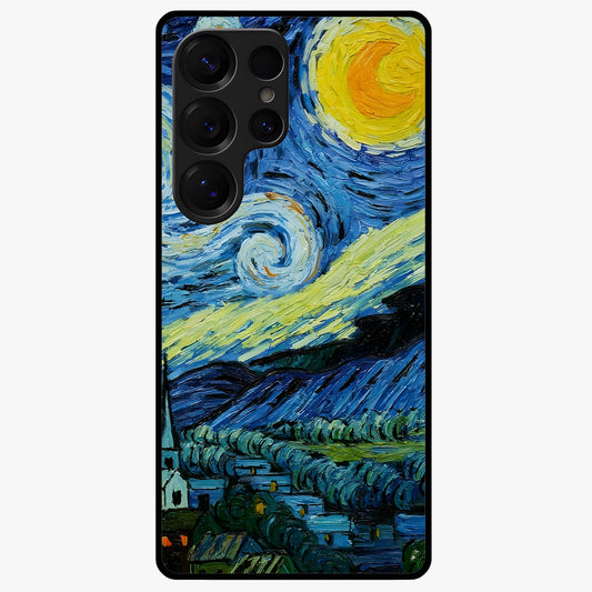 Van Gogh Art Glass Case showing flat back view with classic painterly artwork inspired by Van Gogh style and glossy glass finish.