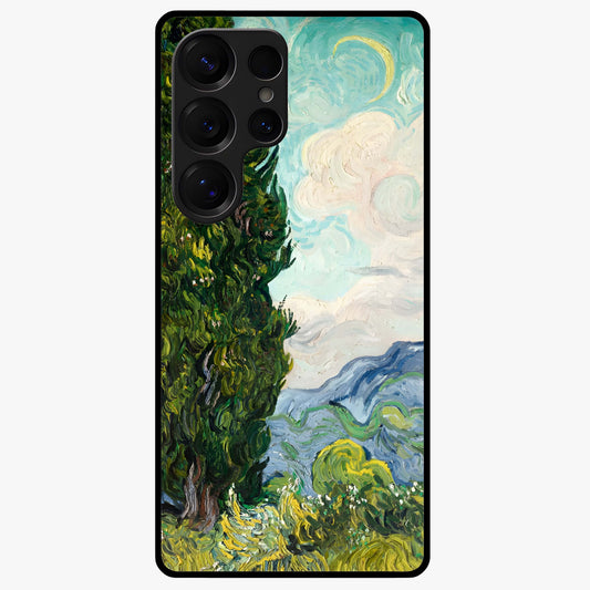 Van Gogh Vintage Art Glass Case showing flat back view with vintage painterly artwork inspired by Van Gogh style and glossy glass finish.
