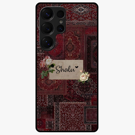 Velvet Wine Pattern Custom Name Glass Case showing flat back view with elegant wine colored pattern artwork and personalized name design.