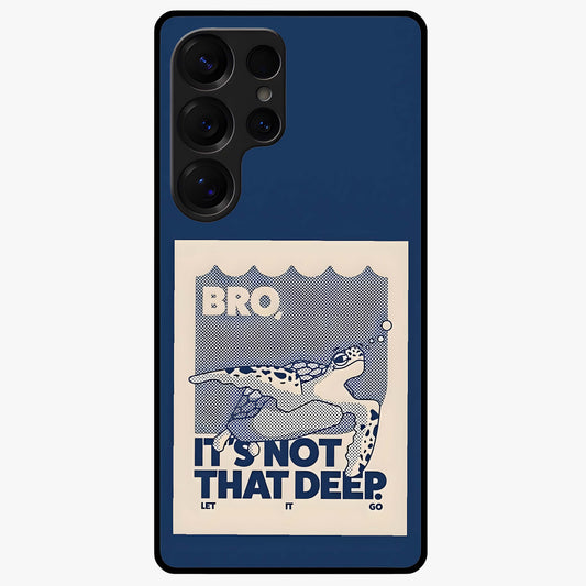 Worry Less Swim Glass Case showing flat back view with playful motivational artwork and glossy glass finish.