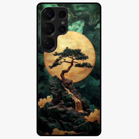 Zen Moon Rise Glass Case showing flat back view with calm moonrise artwork and glossy glass finish.