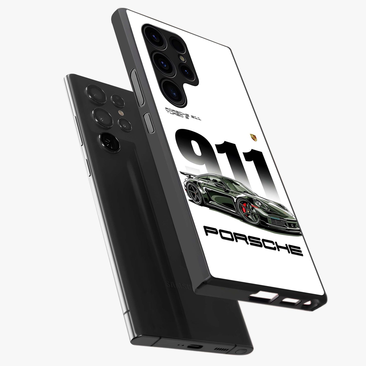911 Turbo Dominance Glass Case displayed in premium angled mockup highlighting sporty car illustration and sleek glass surface.