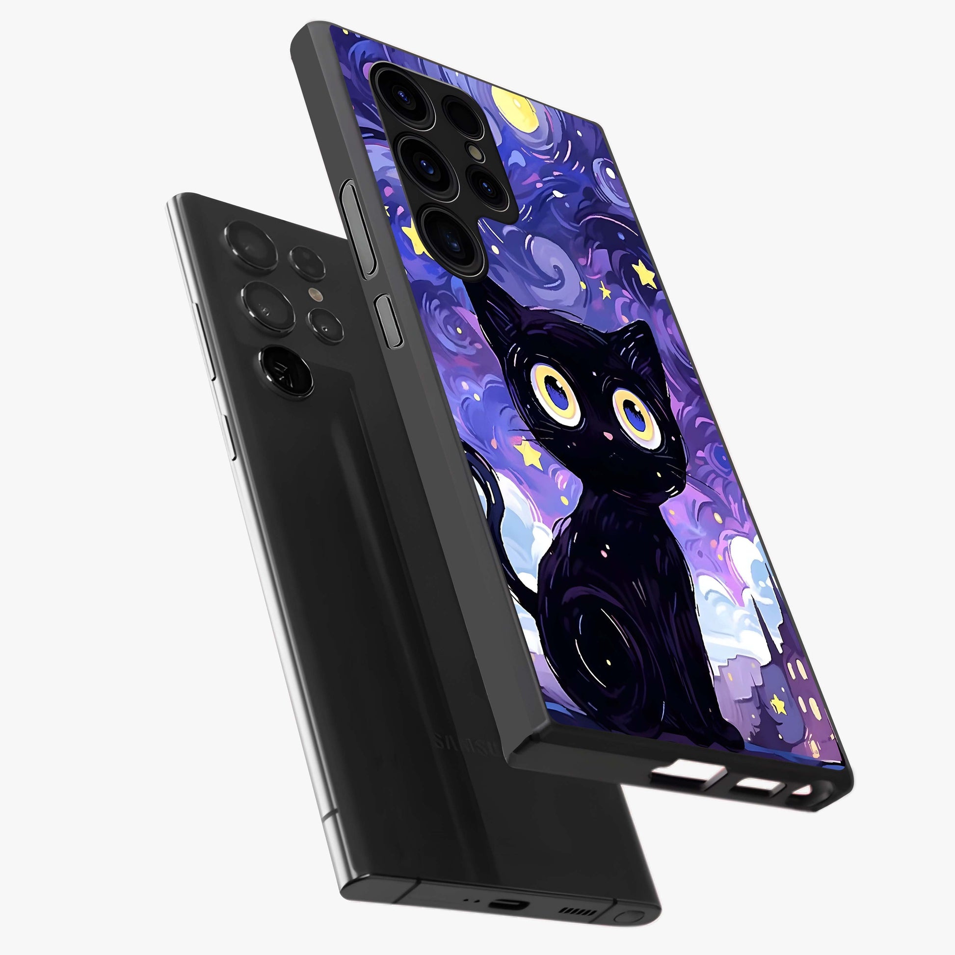 Abstract Cat Art Glass Case displayed in angled mockup highlighting modern abstract cat artwork and sleek glass surface.