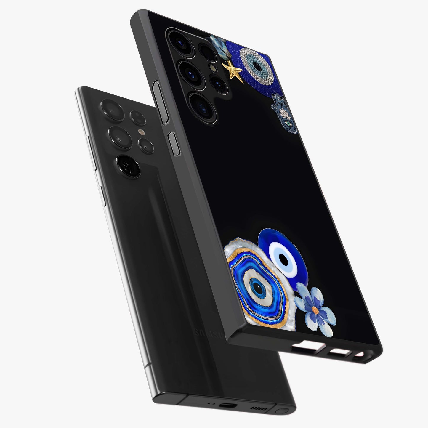 Aesthetic Blue Evil Eye Glass Case displayed in angled mockup highlighting blue evil eye symbol and spiritual aesthetic design.