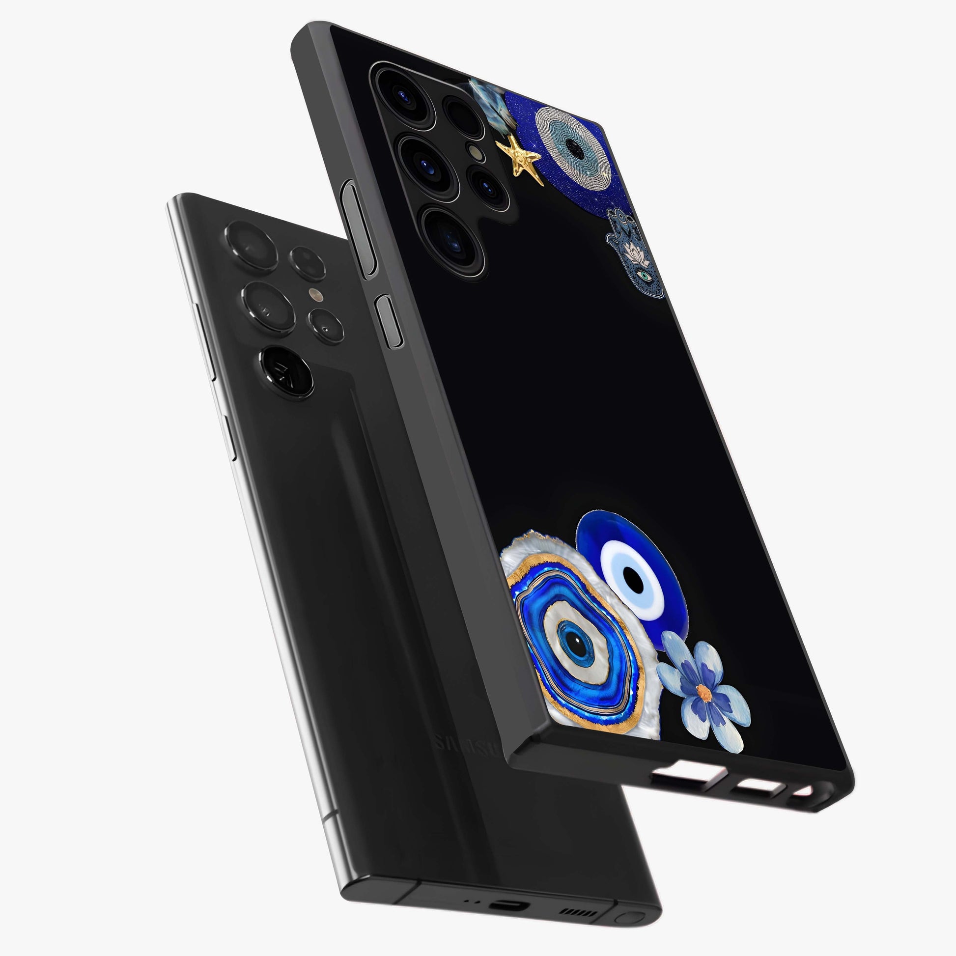 Aesthetic Blue Evil Eye Glass Case displayed in angled mockup highlighting blue evil eye symbol and spiritual aesthetic design.