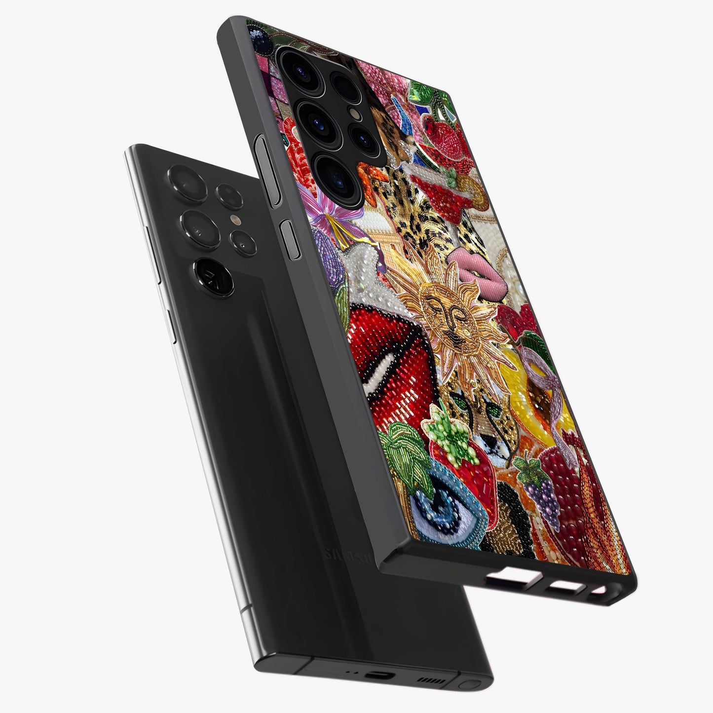 Beaded Fashion Jungle Glass Case displayed in angled mockup highlighting colorful fashion bead design and artistic pattern.