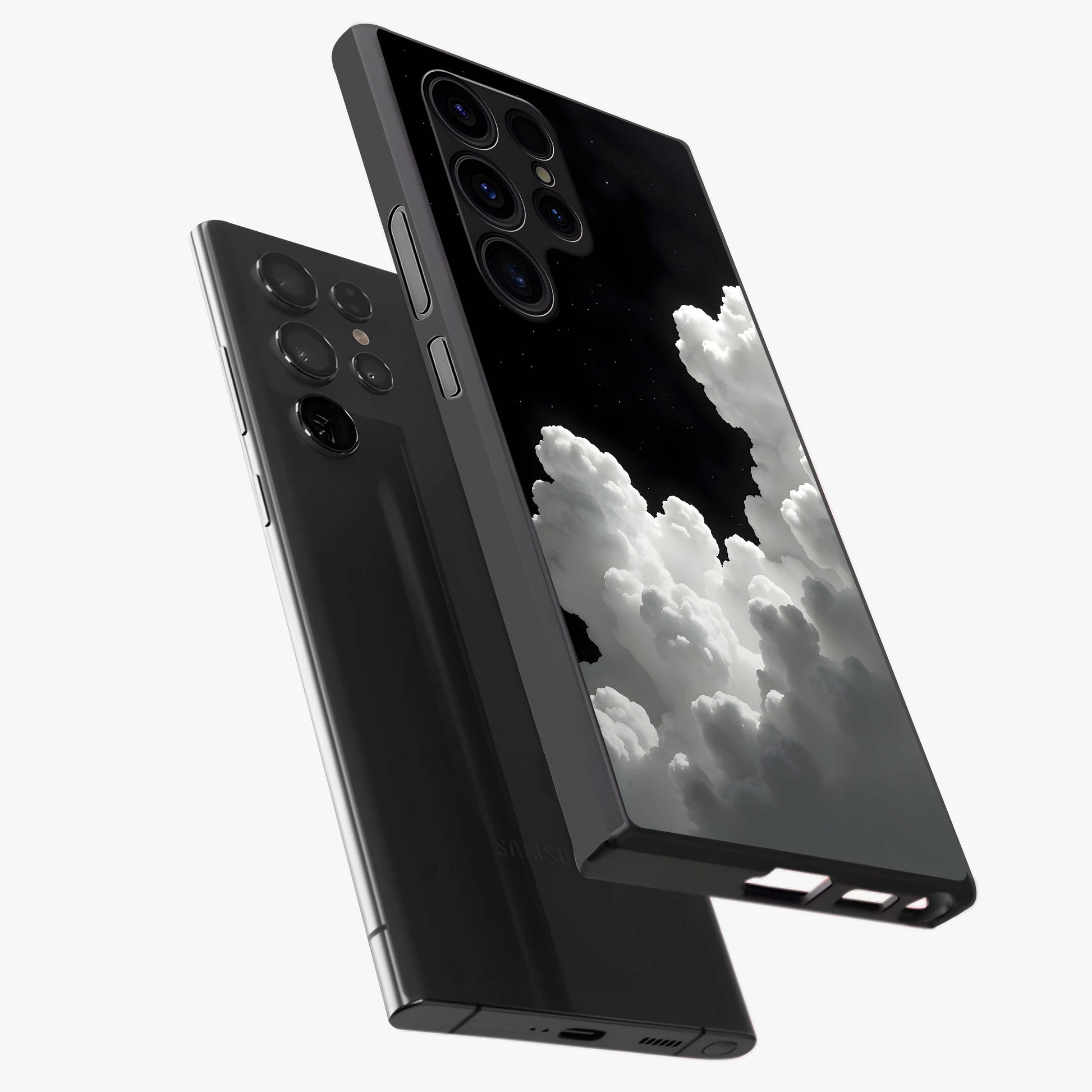 Black Background With White Cloud Glass Case displayed in angled mockup highlighting soft white cloud illustration and minimal design.
