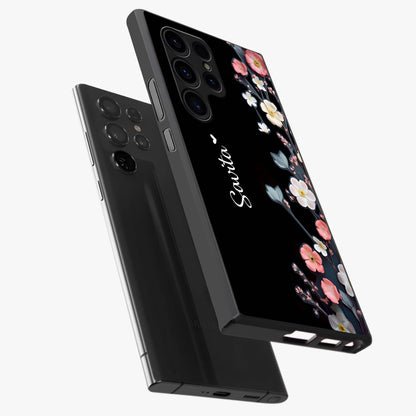 Black Elegance Floral Custom Name Glass Case displayed in angled mockup highlighting dark floral aesthetic and custom name feature.