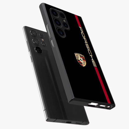 Black Minimal Porsche Glass Case displayed in angled mockup highlighting modern minimal car illustration and clean aesthetic design.