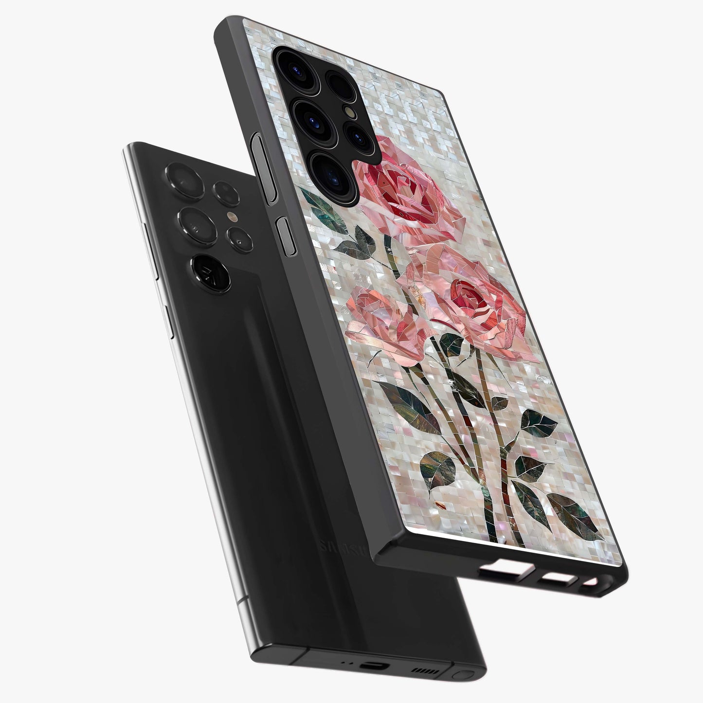 Blush Mosaic Bloom Glass Case displayed in angled mockup highlighting artistic mosaic flower pattern with aesthetic design.
