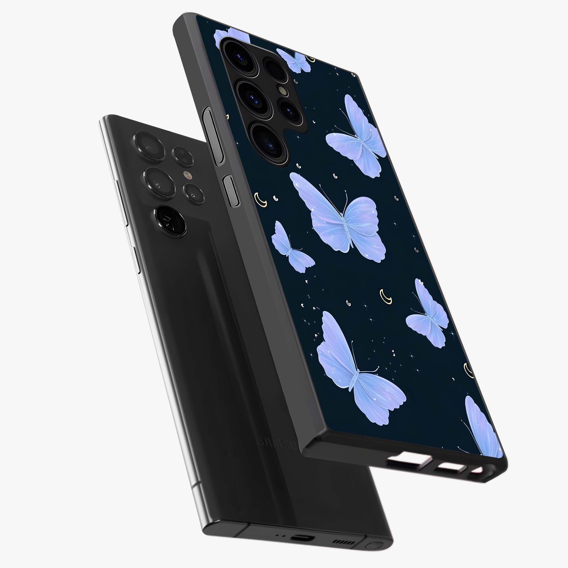 Butterfly With Stars Pattern Glass Case displayed in angled mockup highlighting dreamy butterfly and star design with aesthetic theme.