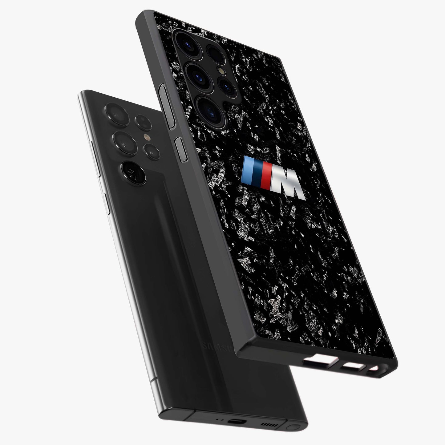 Carbon Speed Mark Glass Case displayed in angled mockup highlighting racing inspired carbon design and sleek aesthetic style.