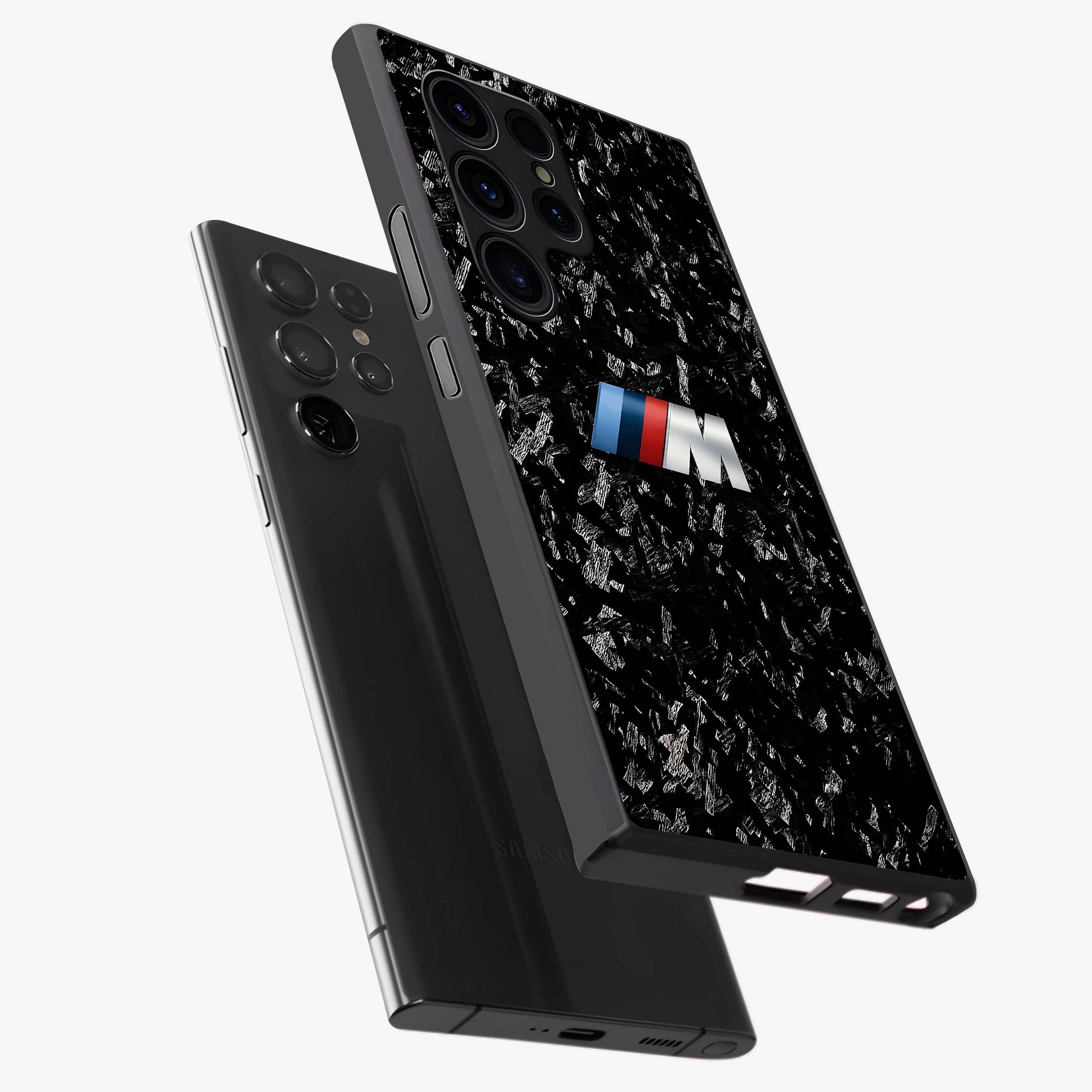Carbon Speed Mark Glass Case displayed in angled mockup highlighting racing inspired carbon design and sleek aesthetic style.