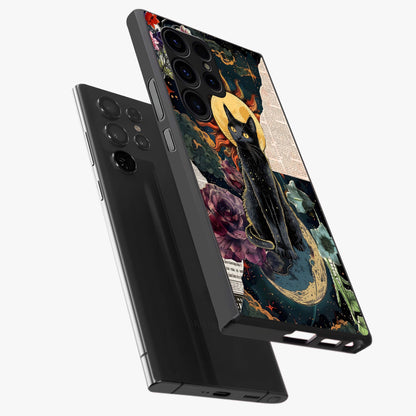 Celestial Black Cat Glass Case displayed in angled mockup highlighting cosmic black cat design with celestial aesthetic.