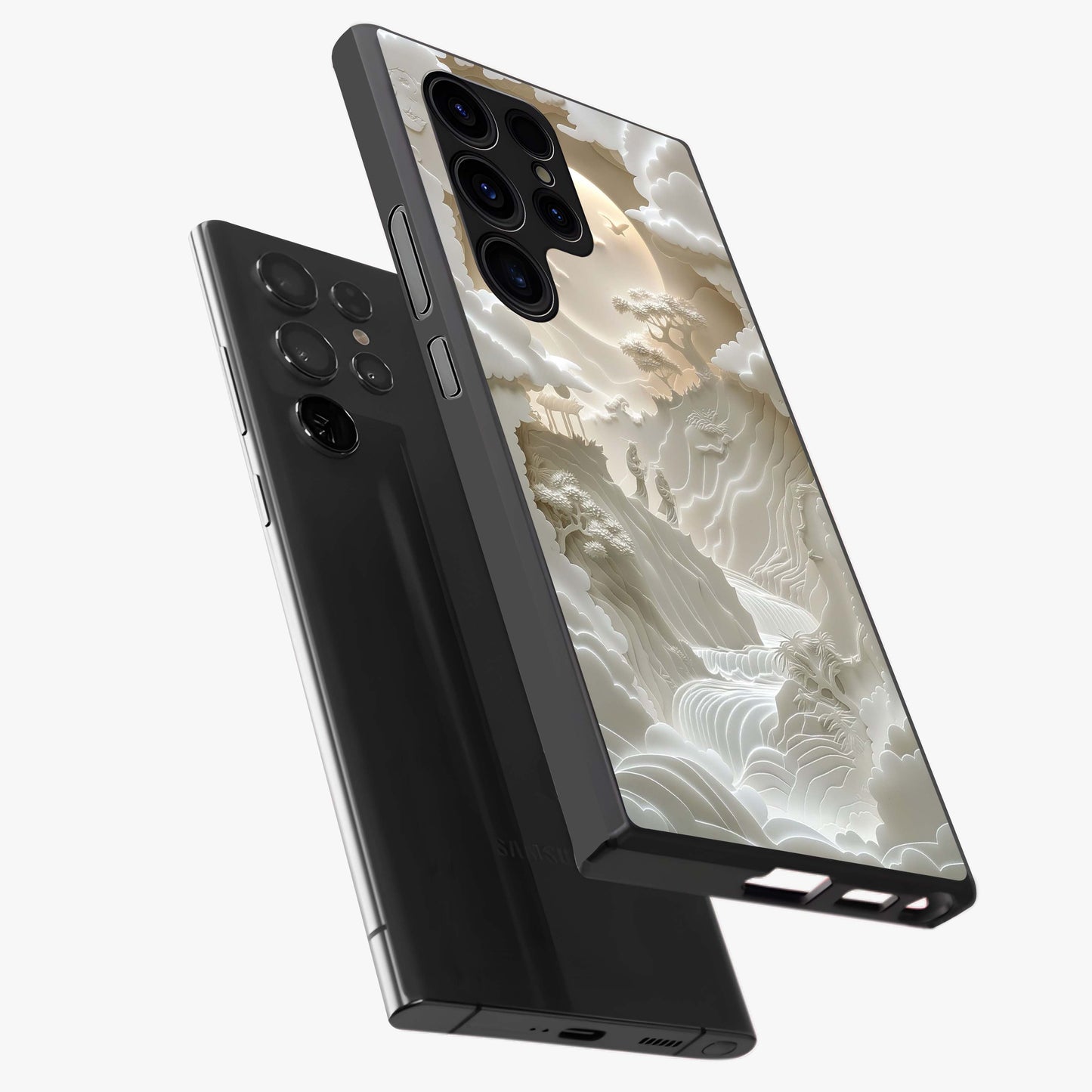 Celestial Origami Glass Case displayed in angled mockup highlighting geometric origami design with cosmic aesthetic theme.