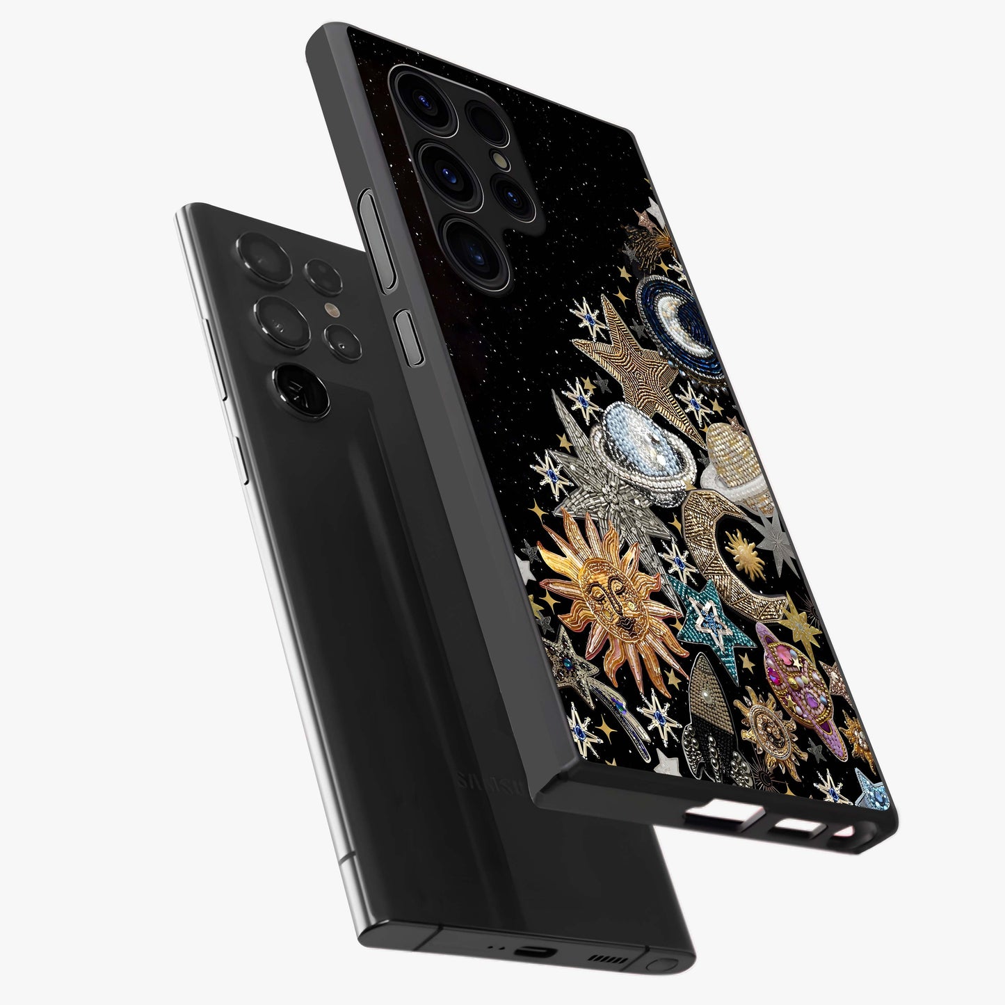 Cosmic Sparkle Dreams Glass Case displayed in angled mockup highlighting dreamy star sparkle design with celestial aesthetic.